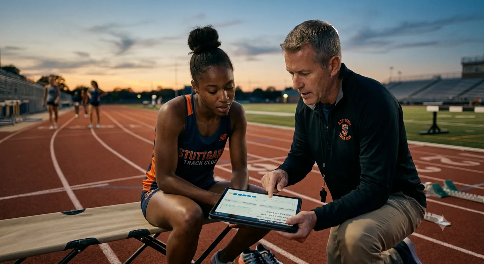 A coach and an athlete reviewing training data on a tablet beside a running track at dusk.