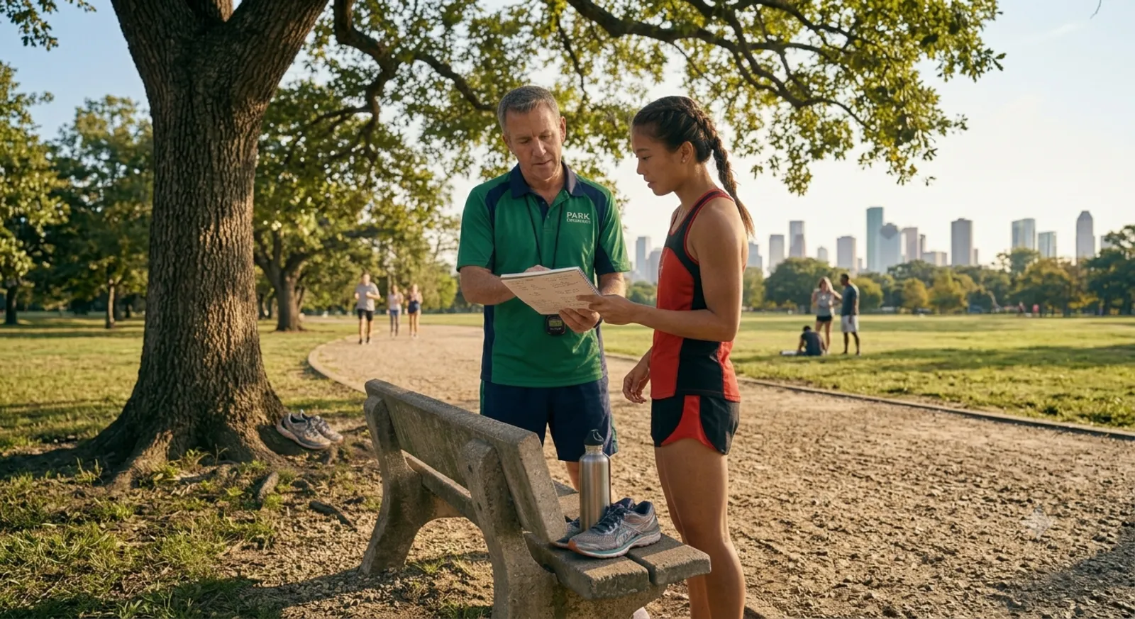 A coach and a runner going over a training notebook in a city park.